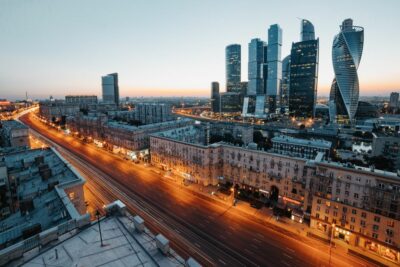 Tours du quartier d'affaires de Moscou au crepuscule